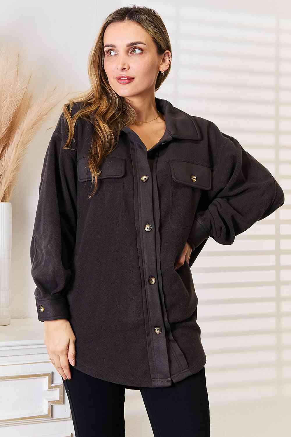 Heimish Cozy Girl Full Size Button Down Shacket - Full Size Jackets - Charcoal - Bella Bourget