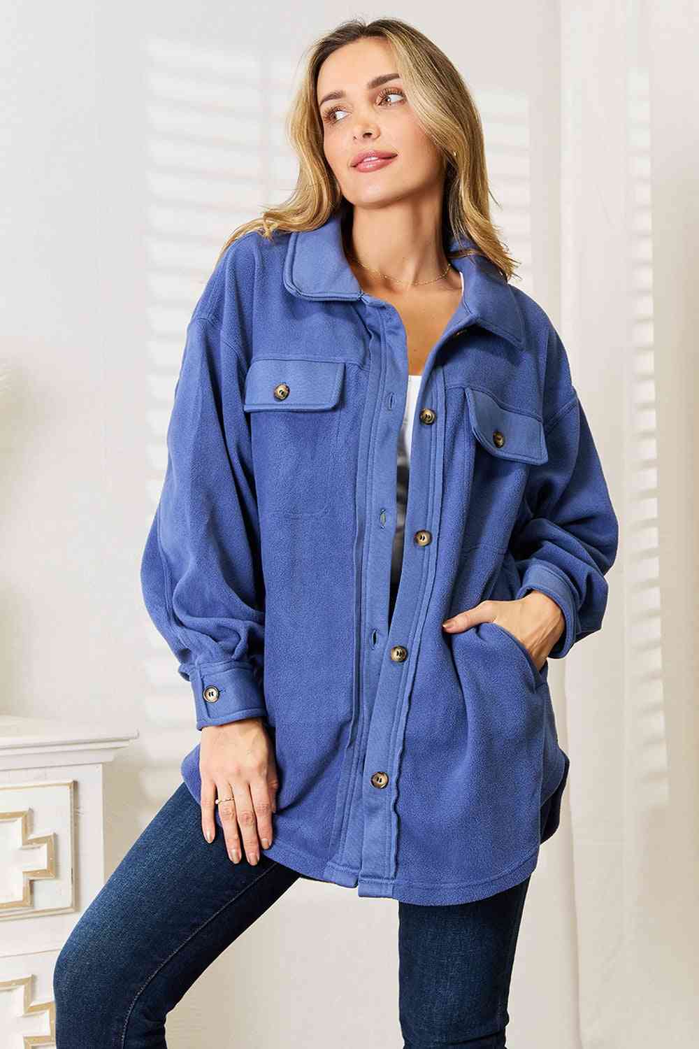 Heimish Cozy Girl Full Size Button Down Shacket - Full Size Jackets - Dusty Blue - Bella Bourget