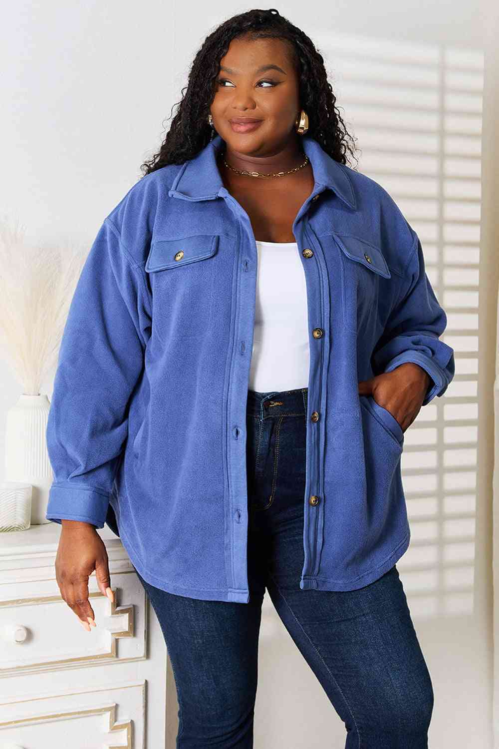 Heimish Cozy Girl Full Size Button Down Shacket - Full Size Jackets - Dusty Blue - Bella Bourget