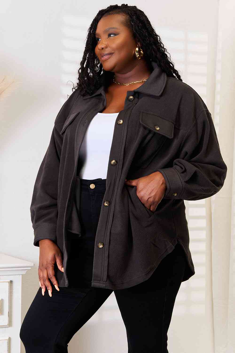 Heimish Cozy Girl Full Size Button Down Shacket - Full Size Jackets - Charcoal - Bella Bourget