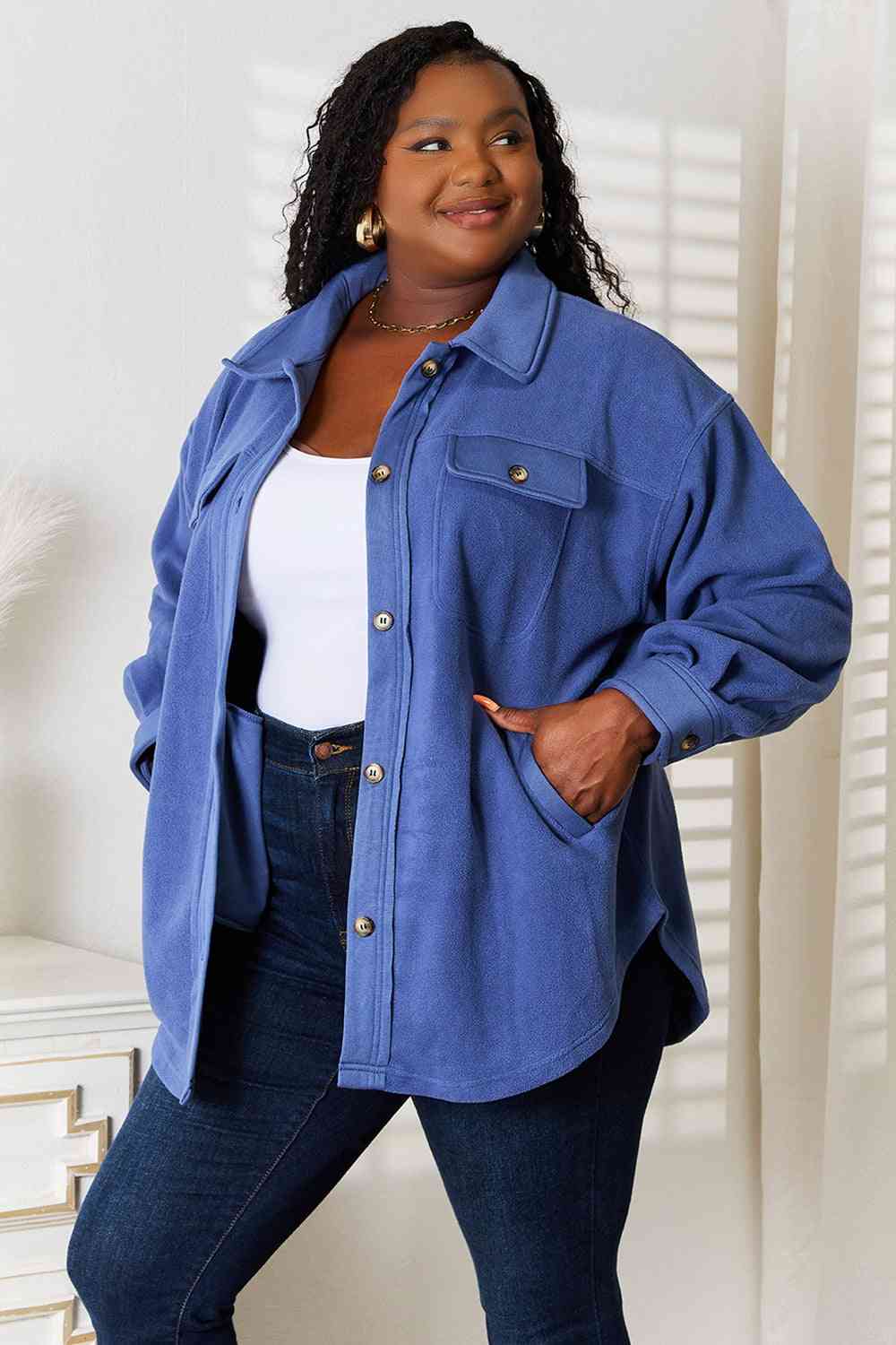 Heimish Cozy Girl Full Size Button Down Shacket - Full Size Jackets - Dusty Blue - Bella Bourget