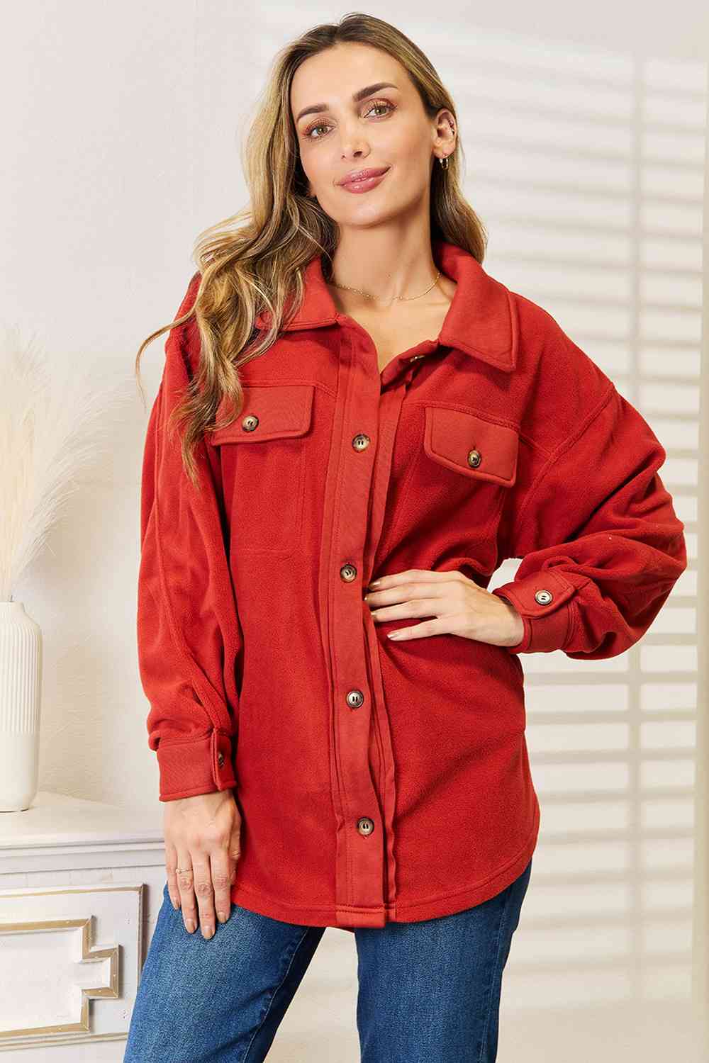 Heimish Cozy Girl Full Size Button Down Shacket - Jacket - Rust - Bella Bourget