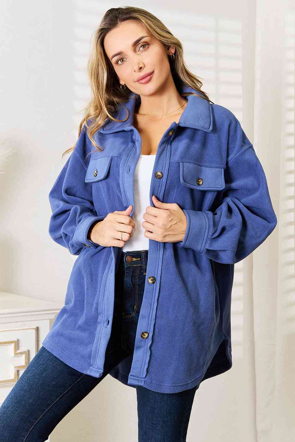 Heimish Cozy Girl Full Size Button Down Shacket - Full Size Jackets - Dusty Blue - Bella Bourget