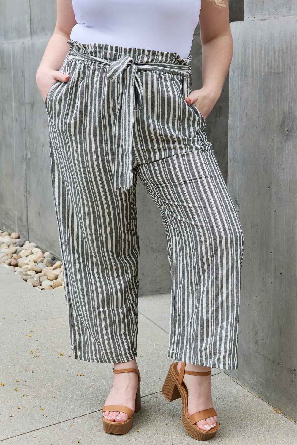 Heimish Find Your Path Full Size Paperbag Waist Striped Culotte Pants - Full Size Pants - Stripe - Bella Bourget