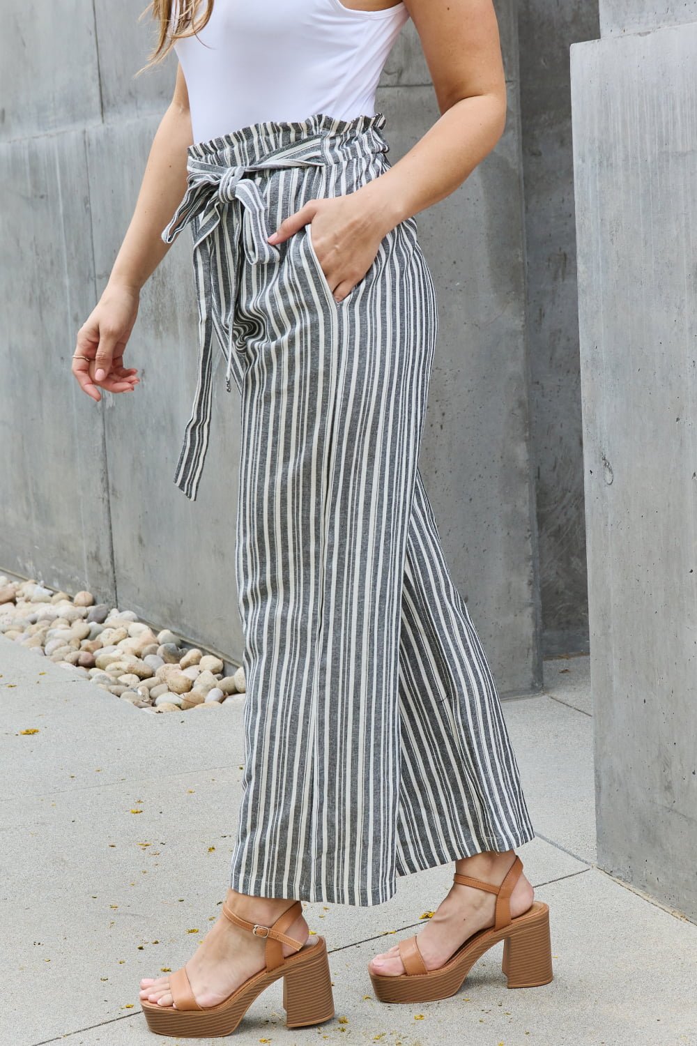 Heimish Find Your Path Full Size Paperbag Waist Striped Culotte Pants - Full Size Pants - Stripe - Bella Bourget