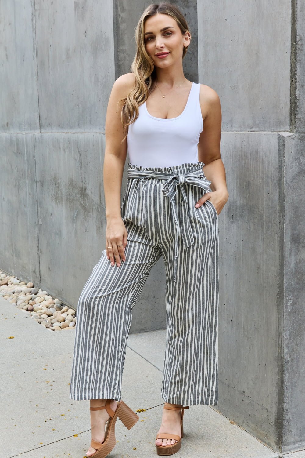 Heimish Find Your Path Full Size Paperbag Waist Striped Culotte Pants - Full Size Pants - Stripe - Bella Bourget