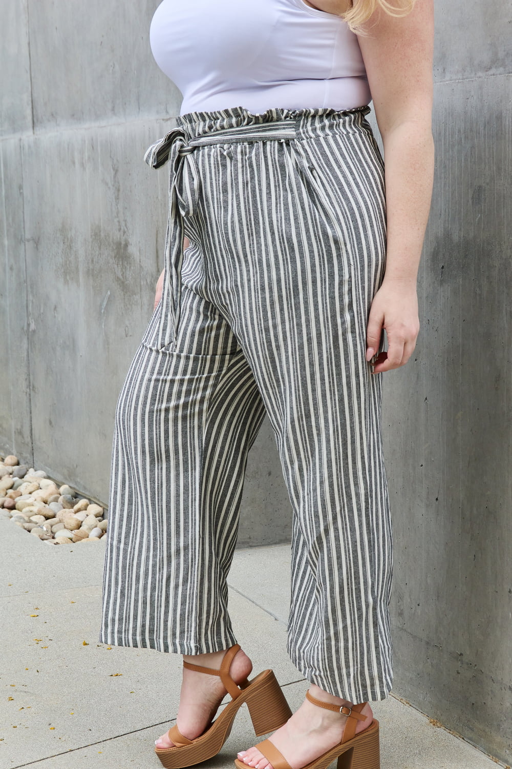 Heimish Find Your Path Full Size Paperbag Waist Striped Culotte Pants - Full Size Pants - Stripe - Bella Bourget