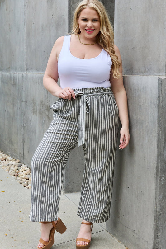 Heimish Find Your Path Full Size Paperbag Waist Striped Culotte Pants - Full Size Pants - Stripe - Bella Bourget