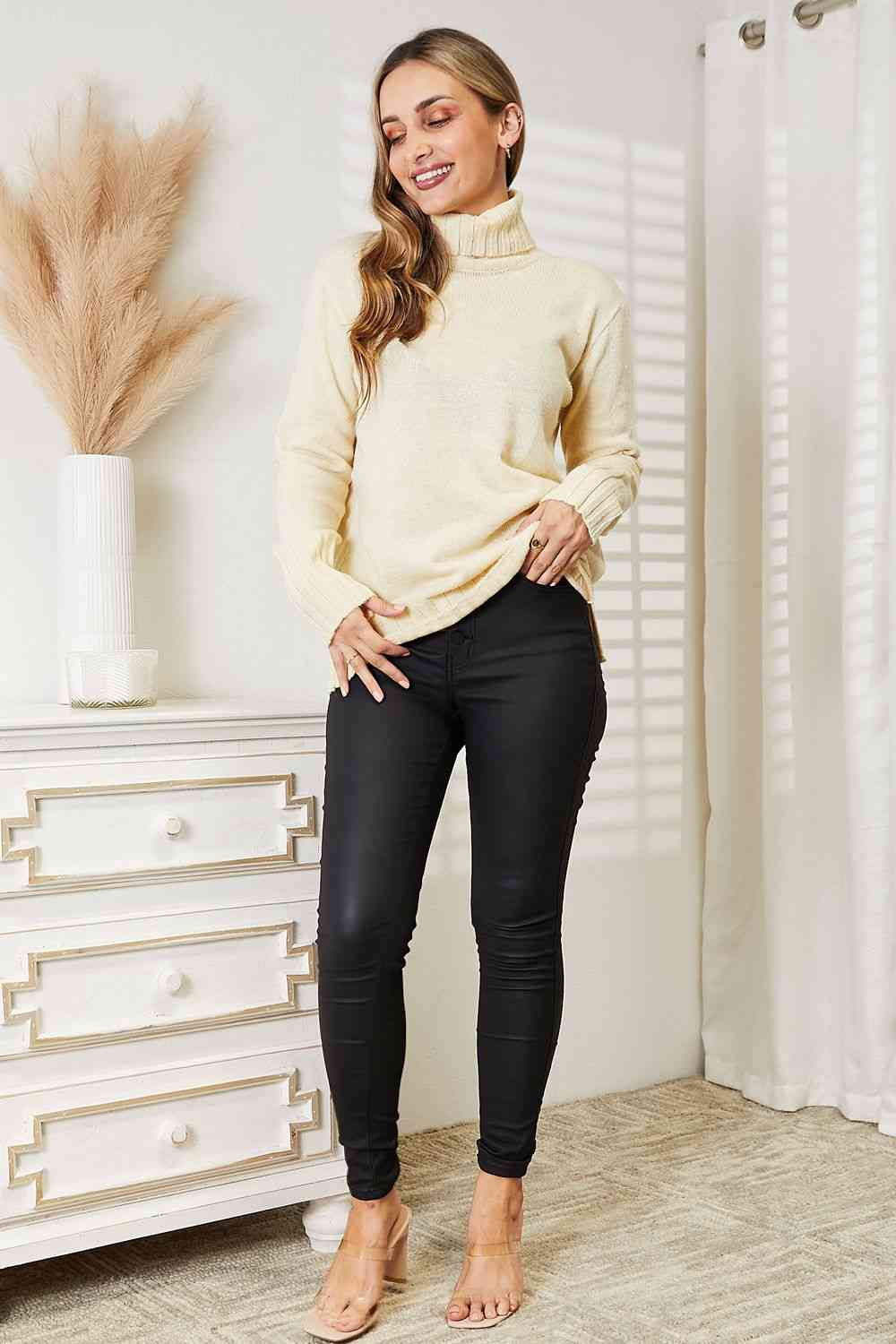 Heimish Full Size Long Sleeve Turtleneck Sweater with Side Slit - Sweater - Cream - Bella Bourget