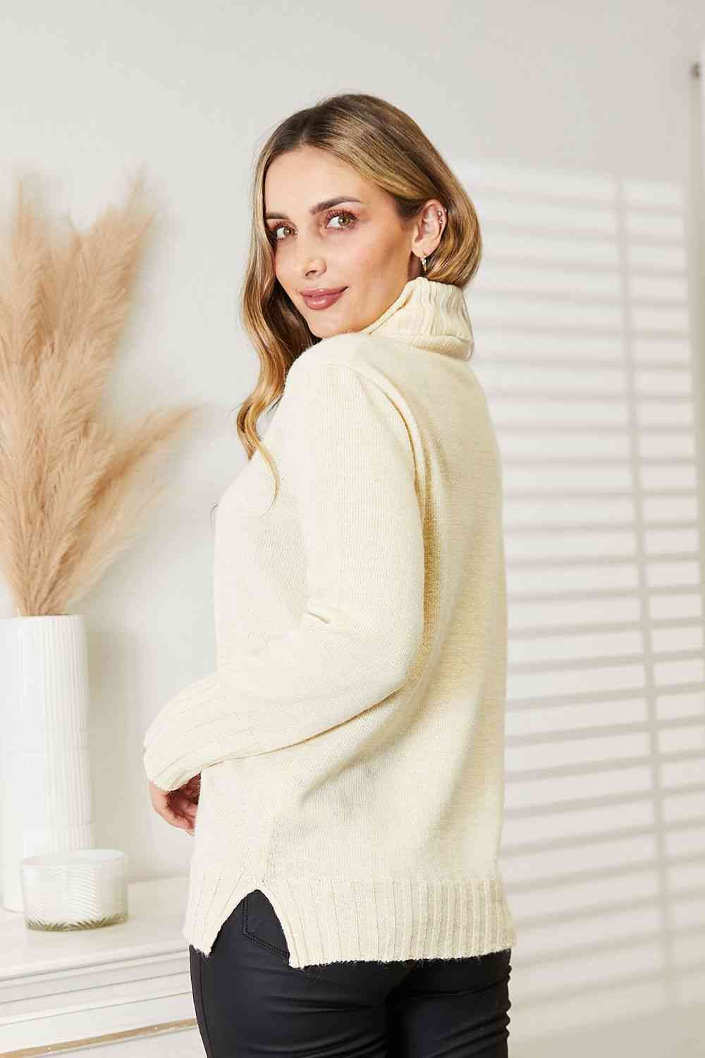 Heimish Full Size Long Sleeve Turtleneck Sweater with Side Slit - Sweater - Cream - Bella Bourget