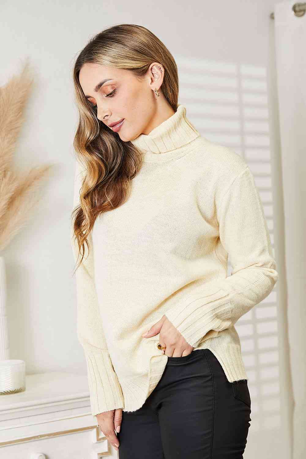 Heimish Full Size Long Sleeve Turtleneck Sweater with Side Slit - Sweater - Cream - Bella Bourget