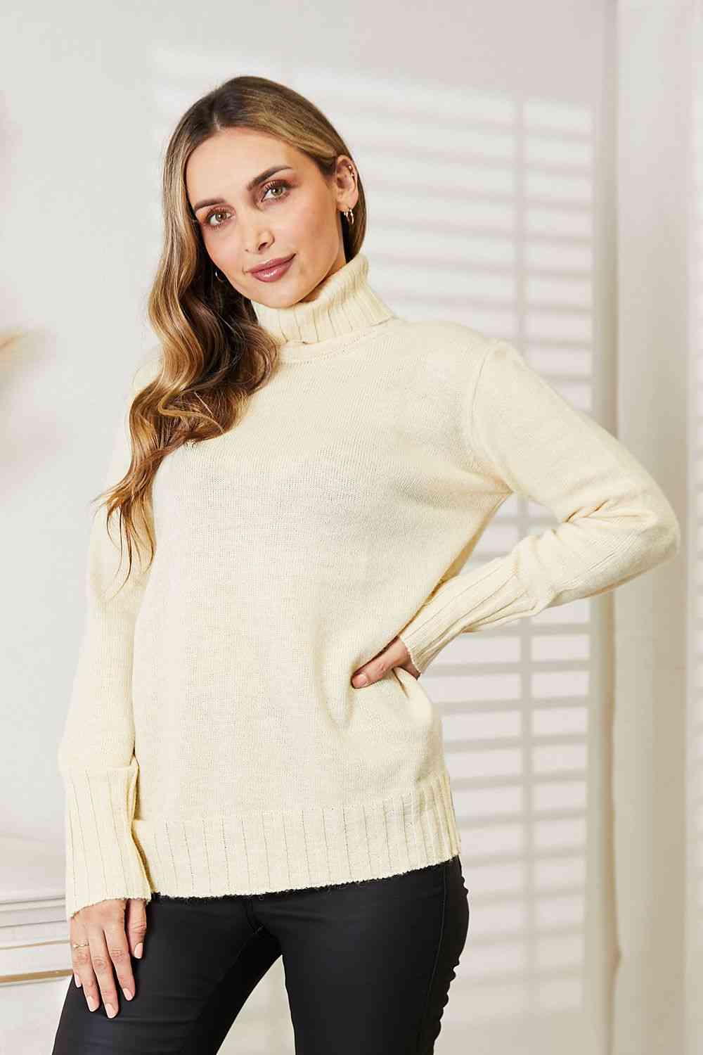 Heimish Full Size Long Sleeve Turtleneck Sweater with Side Slit - Sweater - Cream - Bella Bourget