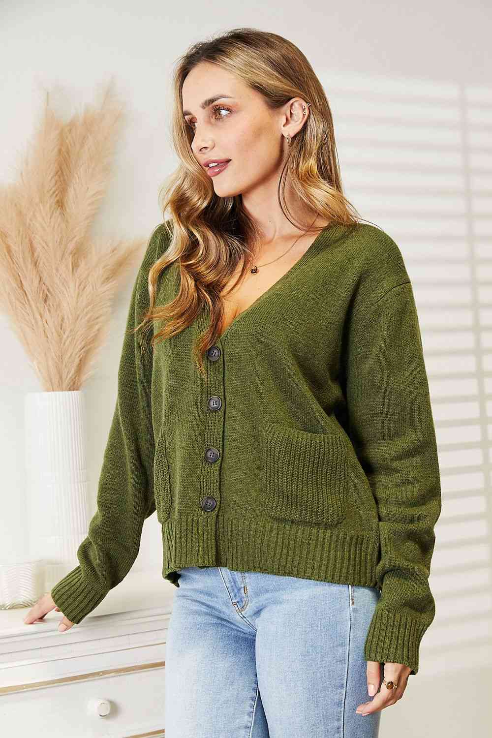 Heimish Full Size Long Sleeve V Neck Button Down Cardigan - Sweater - Army Green - Bella Bourget