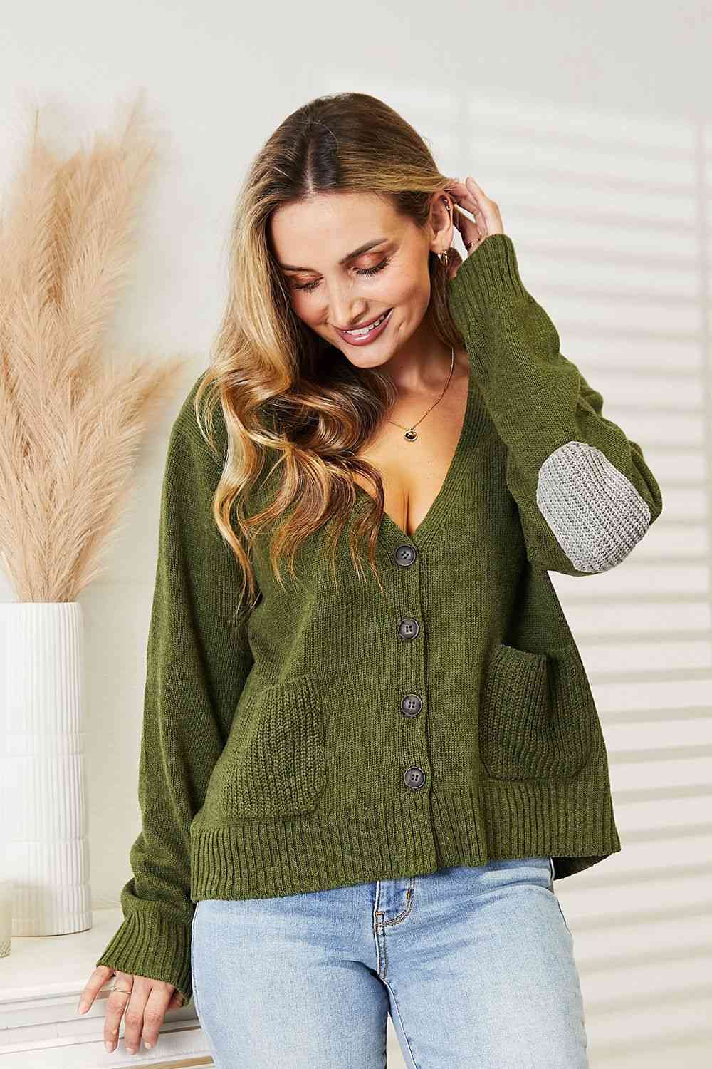 Heimish Full Size Long Sleeve V Neck Button Down Cardigan - Sweater - Army Green - Bella Bourget