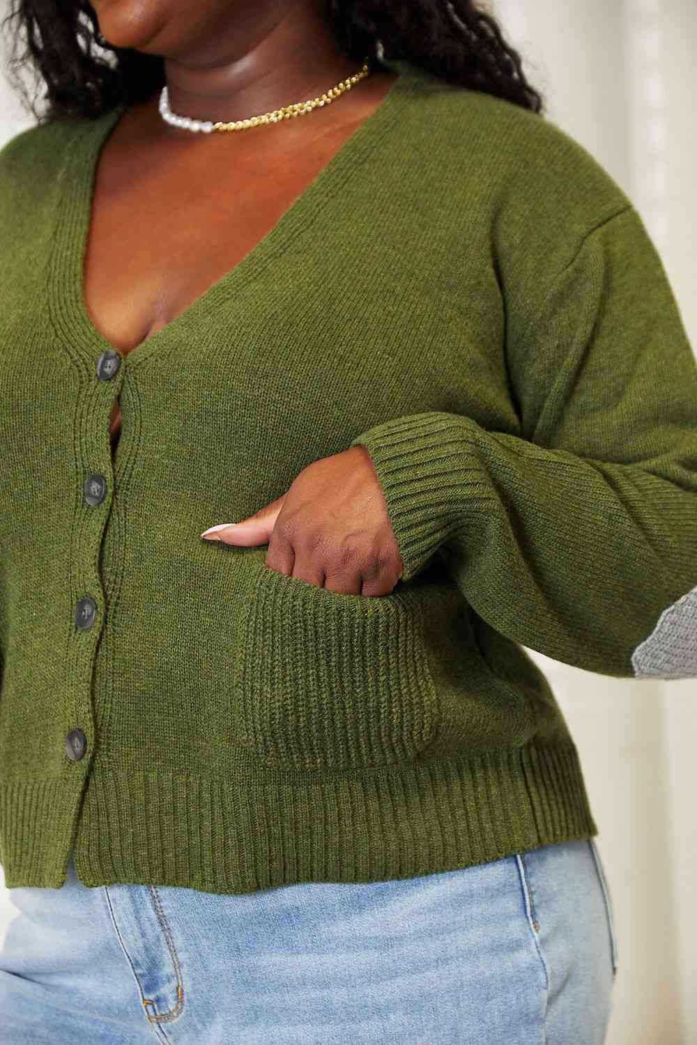 Heimish Full Size Long Sleeve V Neck Button Down Cardigan - Sweater - Army Green - Bella Bourget