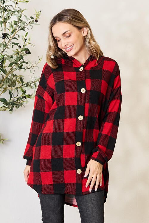 Heimish Full Size Plaid Button Front Hooded Shirt - Shirt Jacket - Black/Red - Bella Bourget