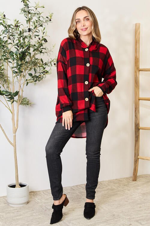 Heimish Full Size Plaid Button Front Hooded Shirt - Shirt Jacket - Black/Red - Bella Bourget