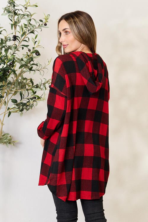 Heimish Full Size Plaid Button Front Hooded Shirt - Shirt Jacket - Black/Red - Bella Bourget