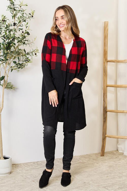 Heimish Full Size Plaid Open Front Cardigan - Cardigan - Black/Red - Bella Bourget