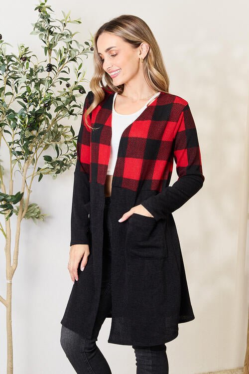 Heimish Full Size Plaid Open Front Cardigan - Cardigan - Black/Red - Bella Bourget