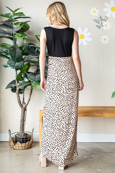 Heimish Full Size Slit Animal Print V - Neck Wide Strap Dress - Full Size Maxi Dress - Khaki/Black - Bella Bourget