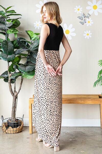 Heimish Full Size Slit Animal Print V - Neck Wide Strap Dress - Full Size Maxi Dress - Khaki/Black - Bella Bourget