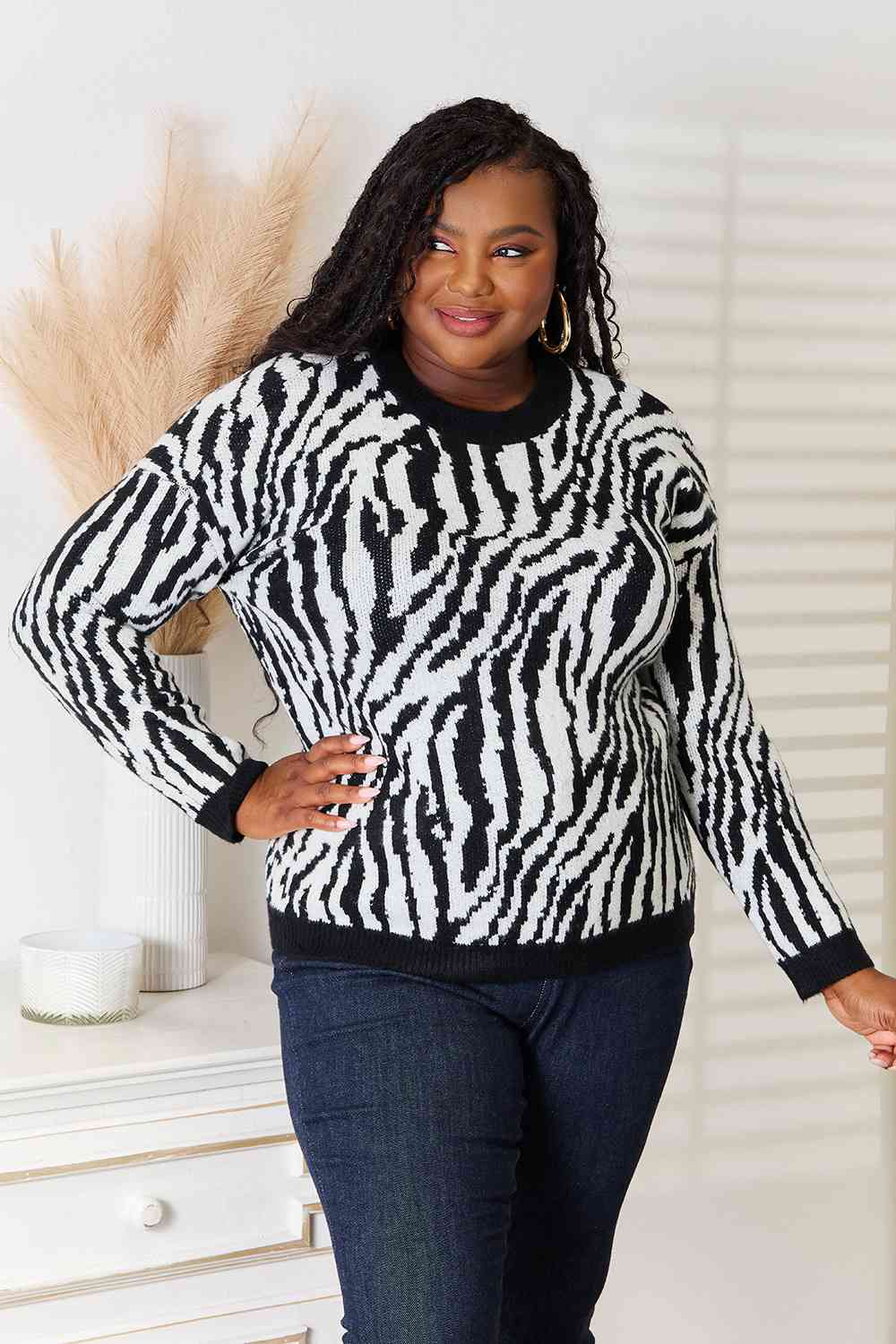 Heimish Full Size Zebra Print Sweater - Full Size Sweater - Black/White - Bella Bourget