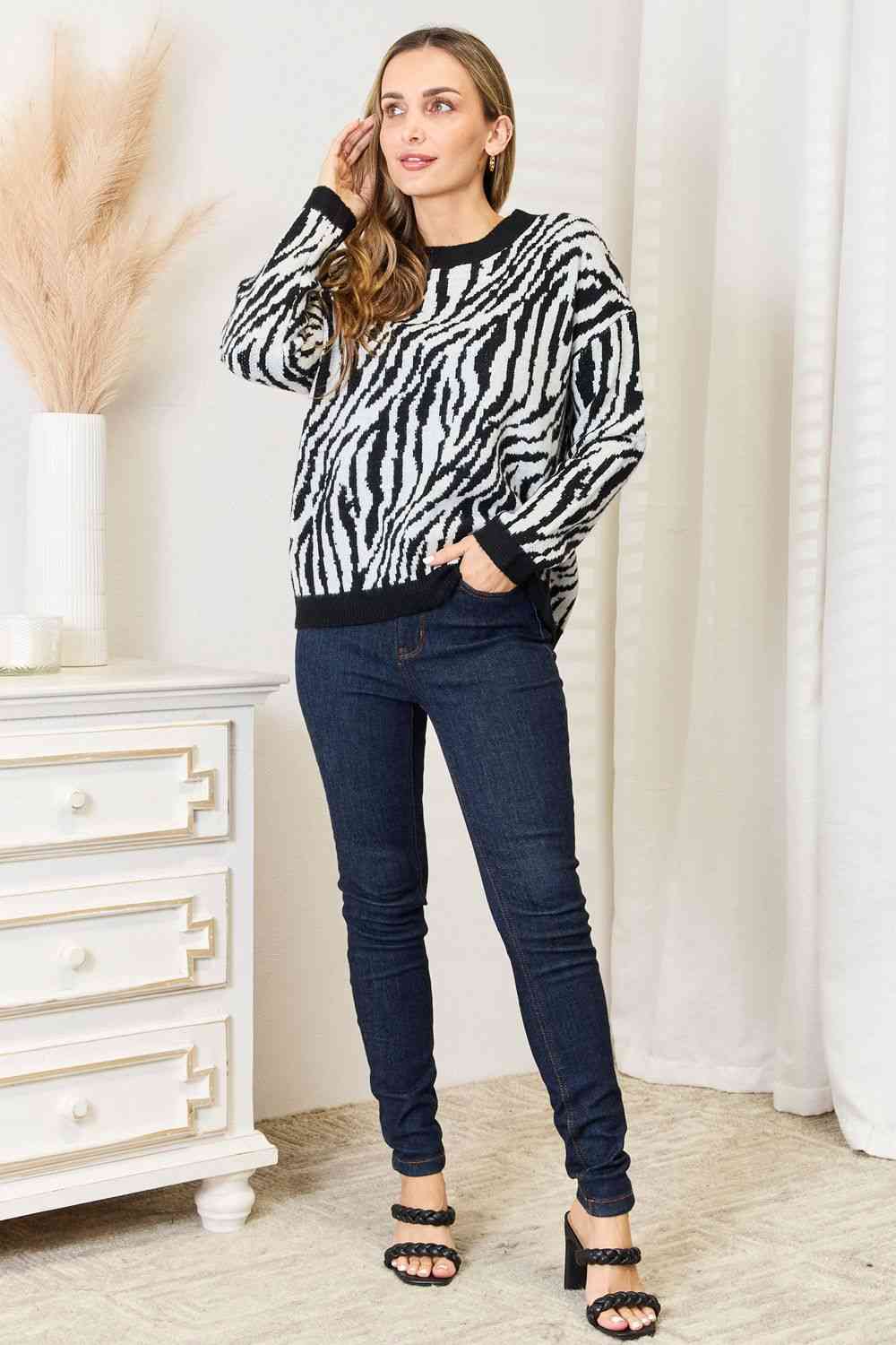 Heimish Full Size Zebra Print Sweater - Full Size Sweater - Black/White - Bella Bourget