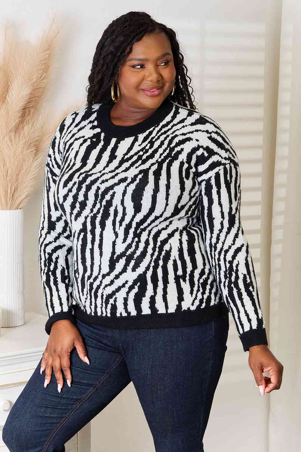 Heimish Full Size Zebra Print Sweater - Full Size Sweater - Black/White - Bella Bourget