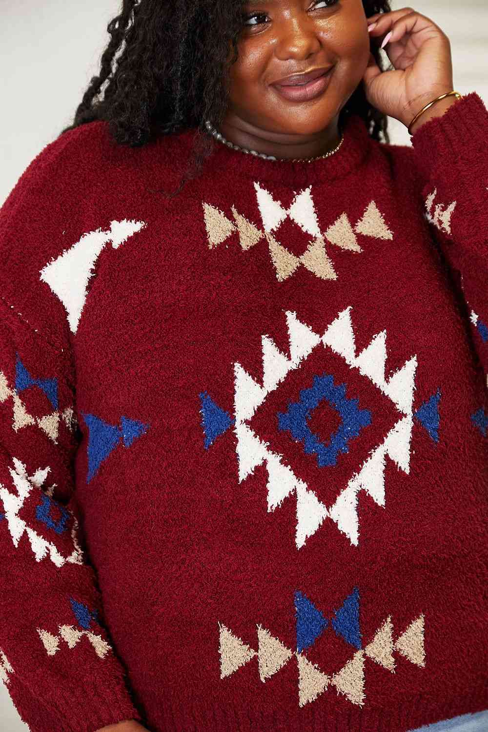 HEYSON Full Size Aztec Soft Fuzzy Sweater - Full Size Sweater - Wine - Bella Bourget