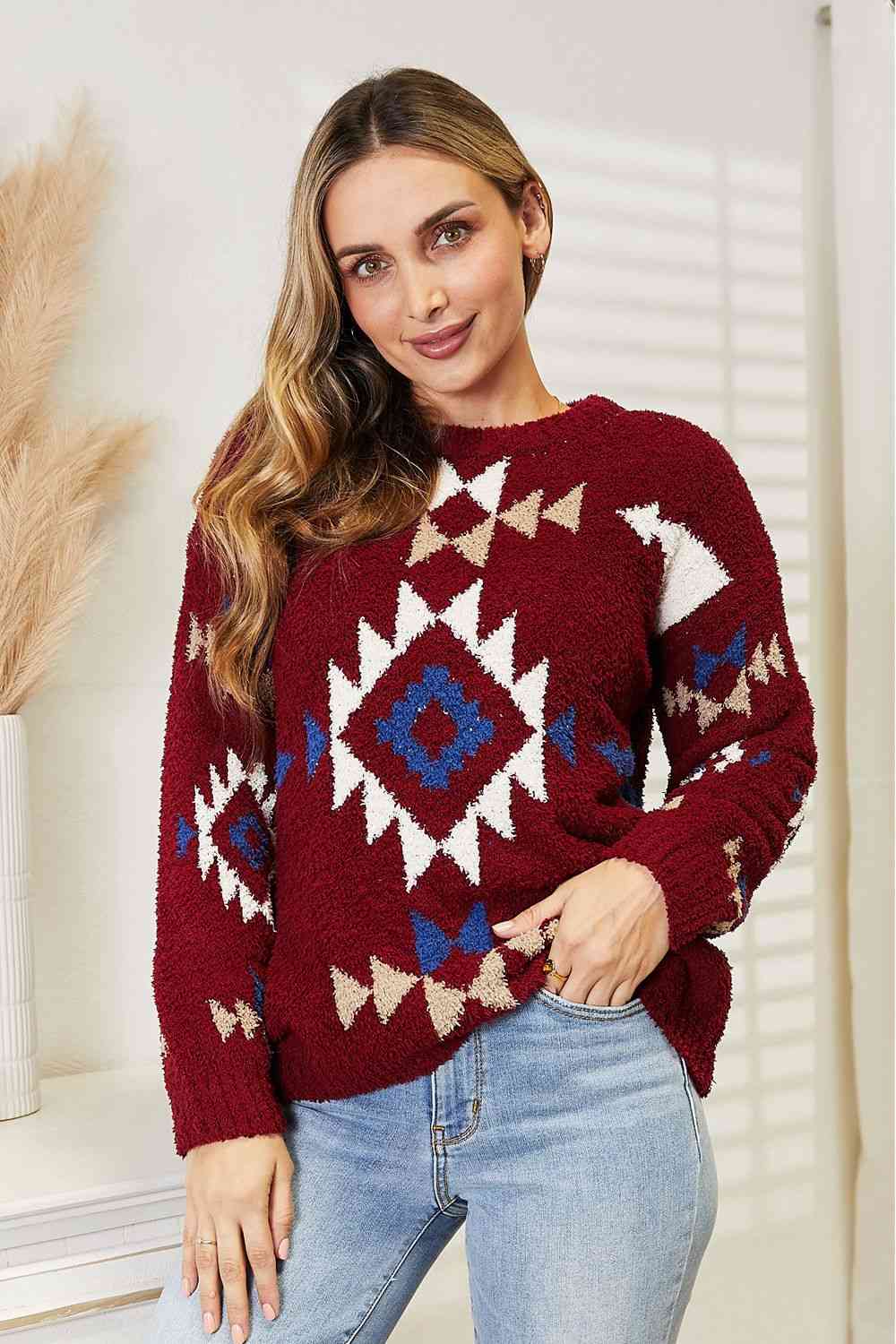 HEYSON Full Size Aztec Soft Fuzzy Sweater - Full Size Sweater - Wine - Bella Bourget