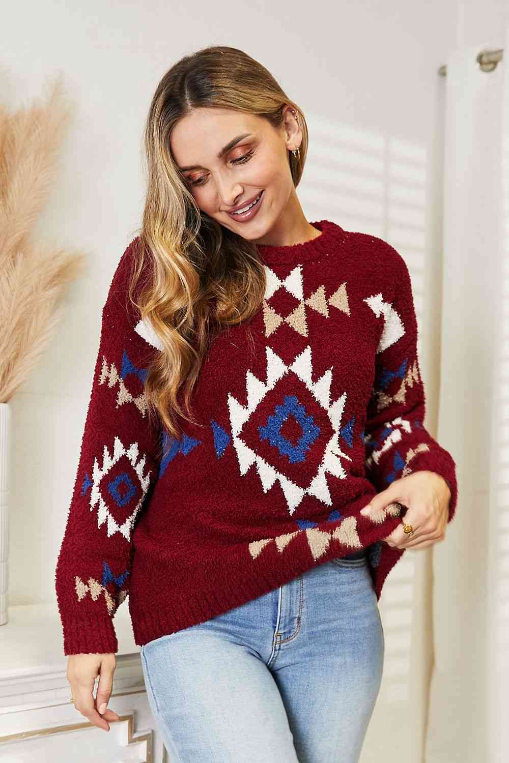 HEYSON Full Size Aztec Soft Fuzzy Sweater - Full Size Sweater - Wine - Bella Bourget