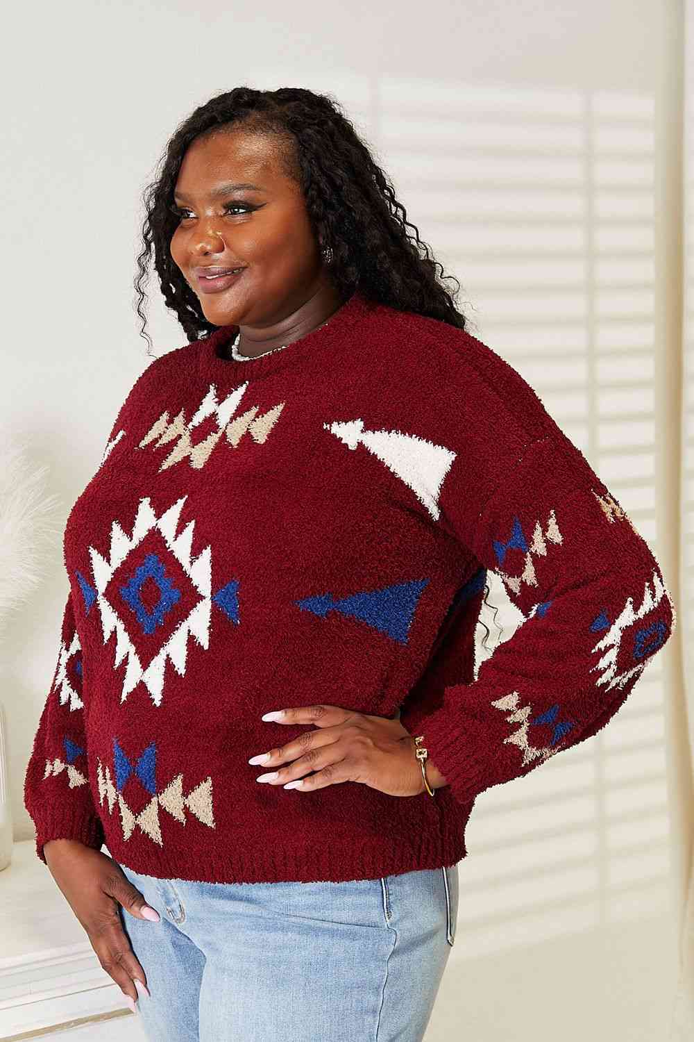 HEYSON Full Size Aztec Soft Fuzzy Sweater - Full Size Sweater - Wine - Bella Bourget