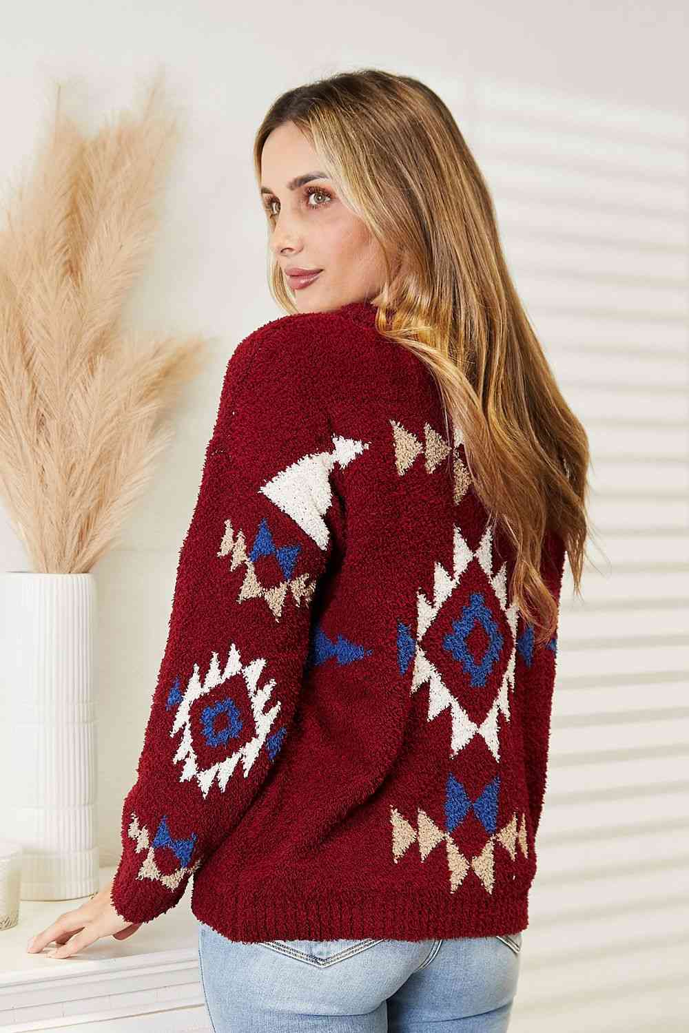 HEYSON Full Size Aztec Soft Fuzzy Sweater - Full Size Sweater - Wine - Bella Bourget