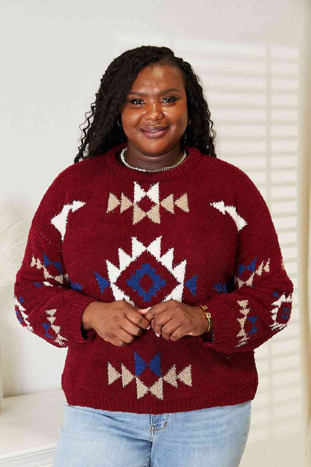 HEYSON Full Size Aztec Soft Fuzzy Sweater - Full Size Sweater - Wine - Bella Bourget