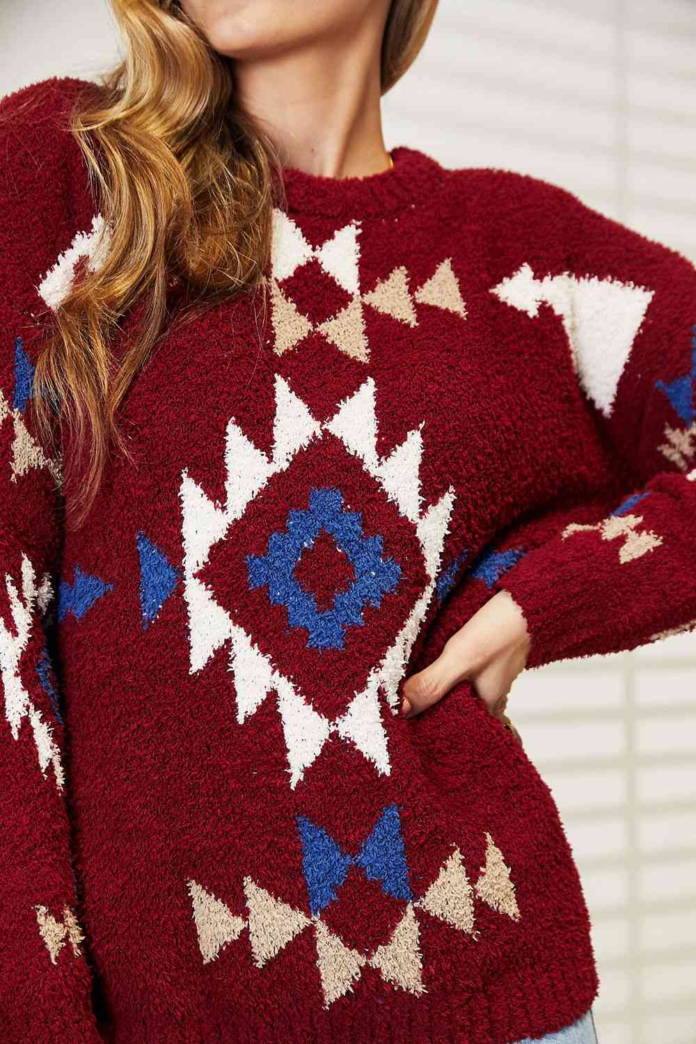 HEYSON Full Size Aztec Soft Fuzzy Sweater - Full Size Sweater - Wine - Bella Bourget