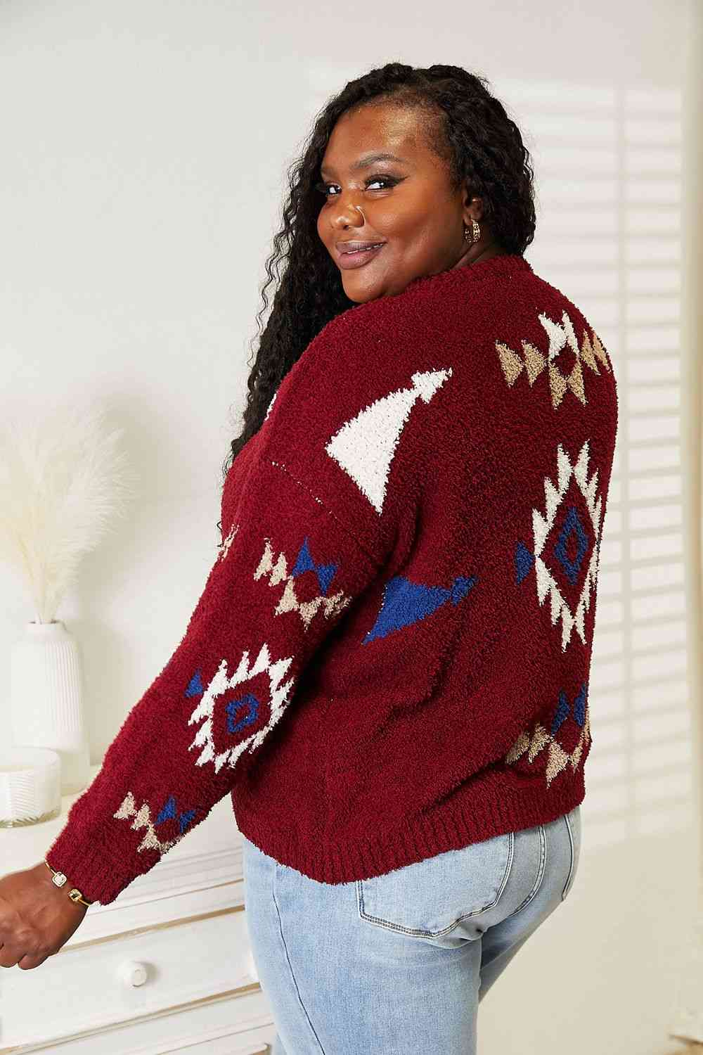 HEYSON Full Size Aztec Soft Fuzzy Sweater - Full Size Sweater - Wine - Bella Bourget