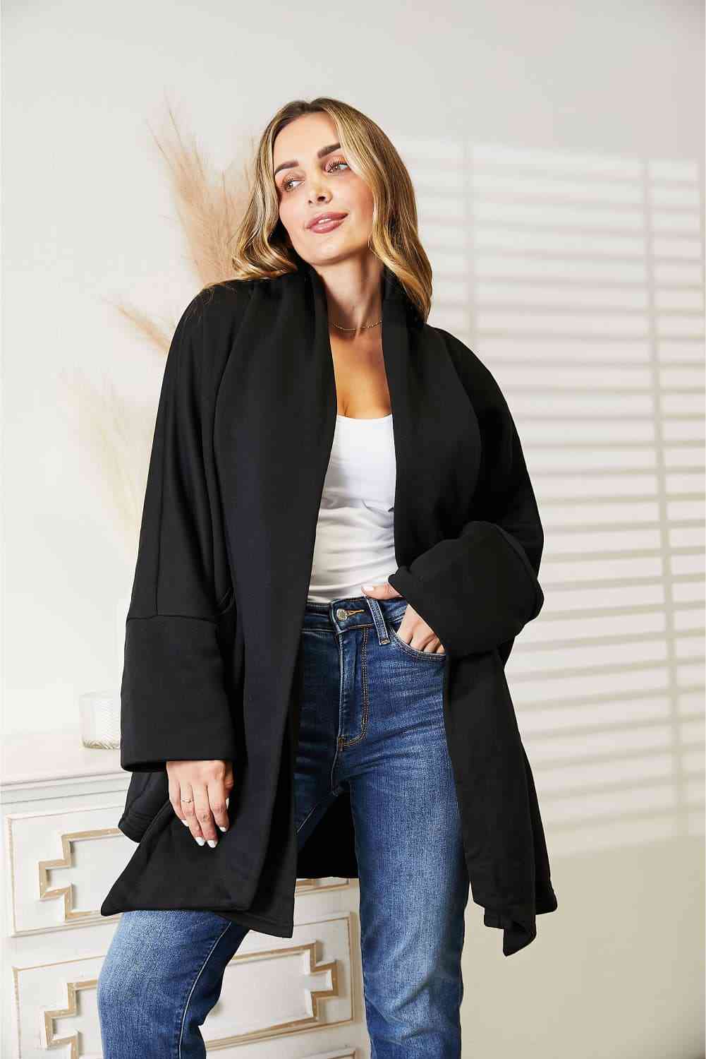 HEYSON Full Size Open Front Cardigan with Scarf Design - Sweater - Black - Bella Bourget