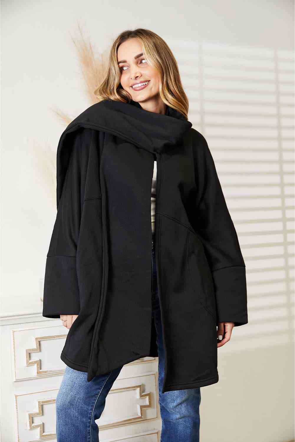 HEYSON Full Size Open Front Cardigan with Scarf Design - Sweater - Black - Bella Bourget