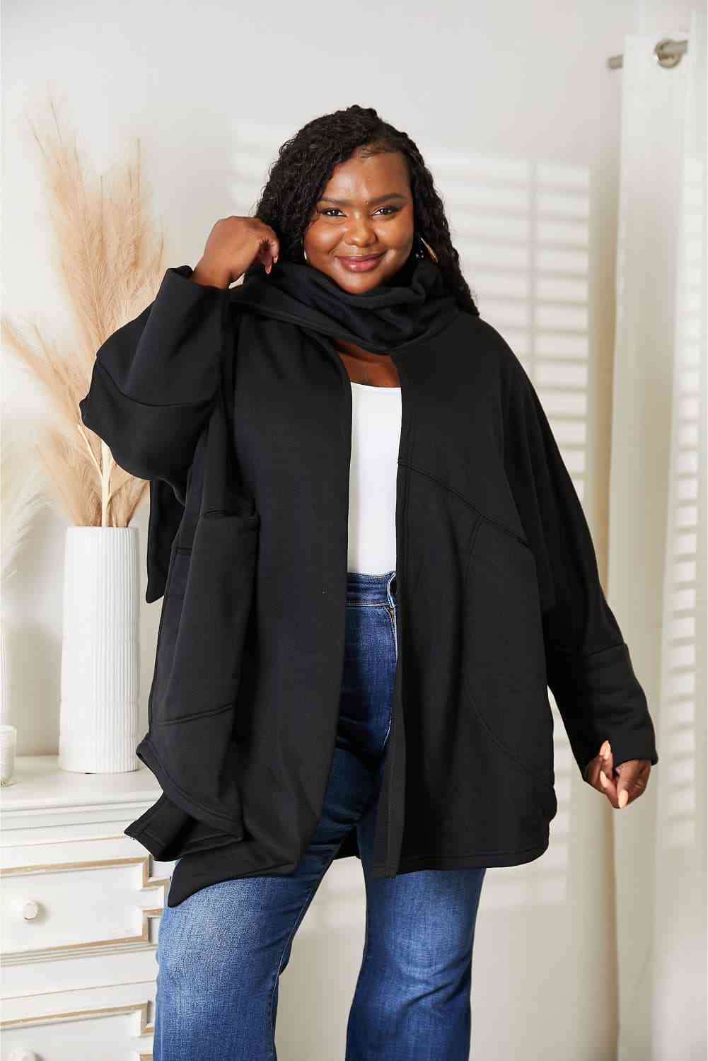 HEYSON Full Size Open Front Cardigan with Scarf Design - Sweater - Black - Bella Bourget