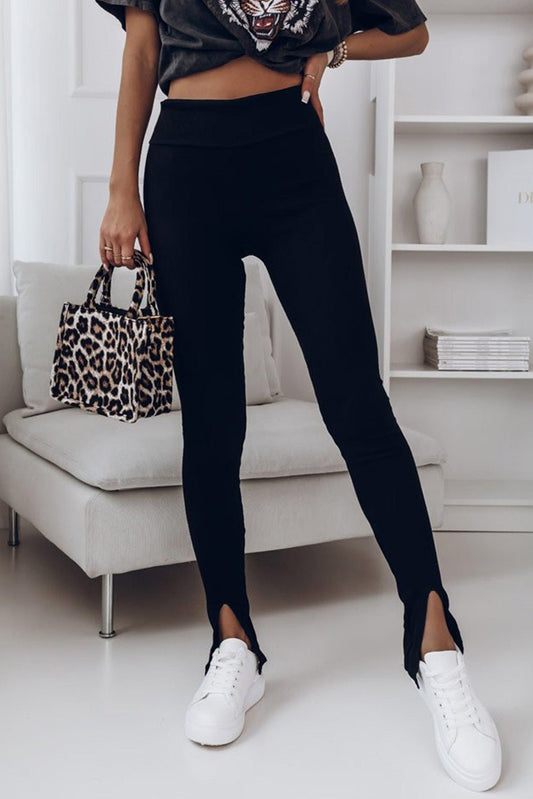 High Waist Ribbed Slit Leggings - Leggings - Black - Bella Bourget