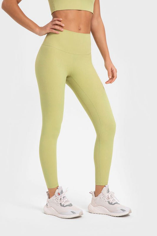 Highly Stretchy Wide Waistband Athletic Leggings - Active Bottoms - Lemon - Bella Bourget