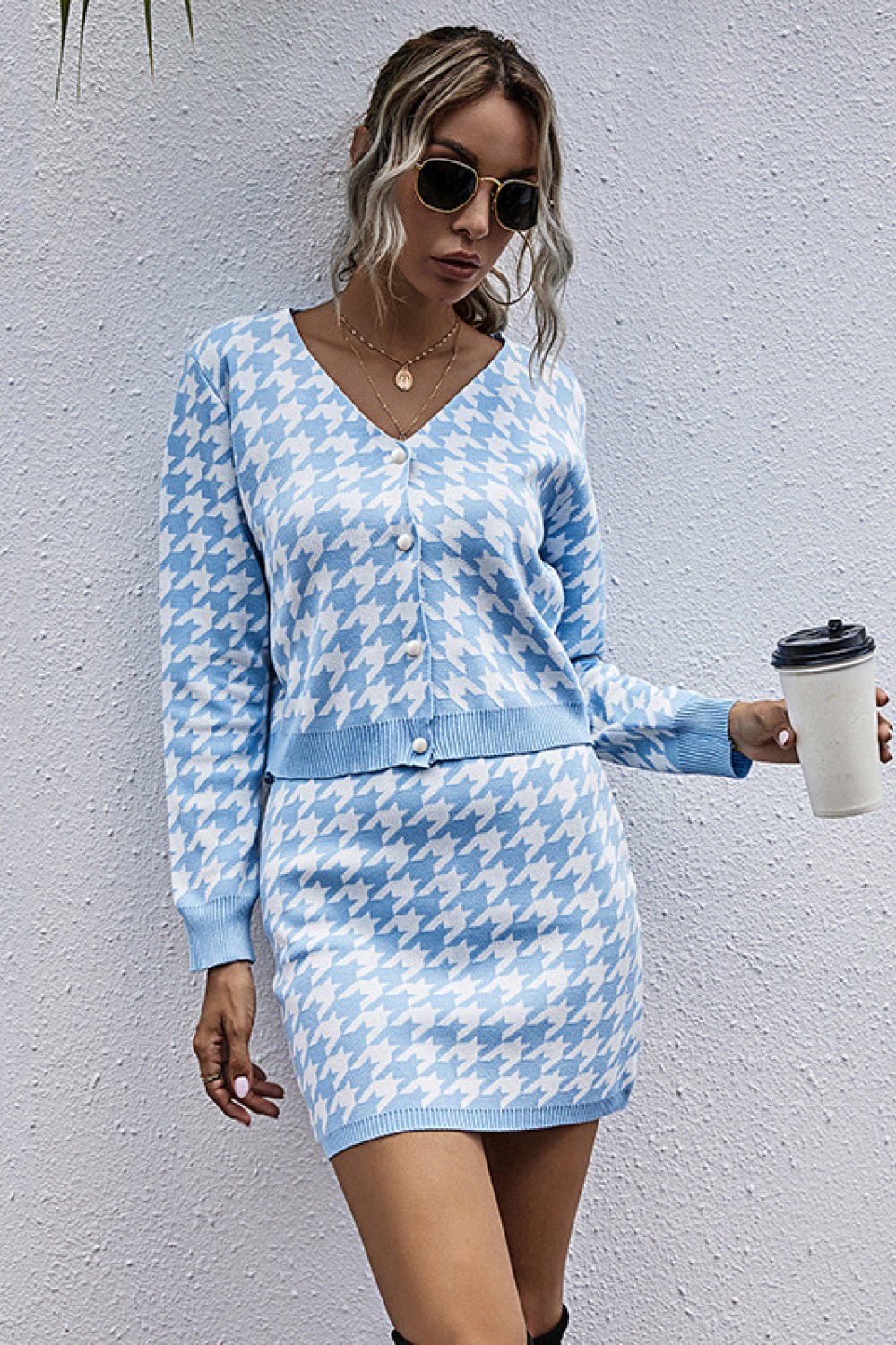 Houndstooth Button Front Sweater and Skirt Set - Sweater Set - Sky Blue - Bella Bourget