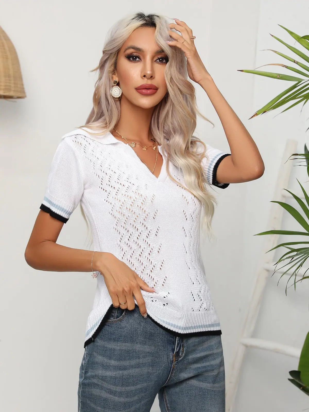 Johnny Collar Openwork Short Sleeve Knit Top - Knit Top - White - Bella Bourget