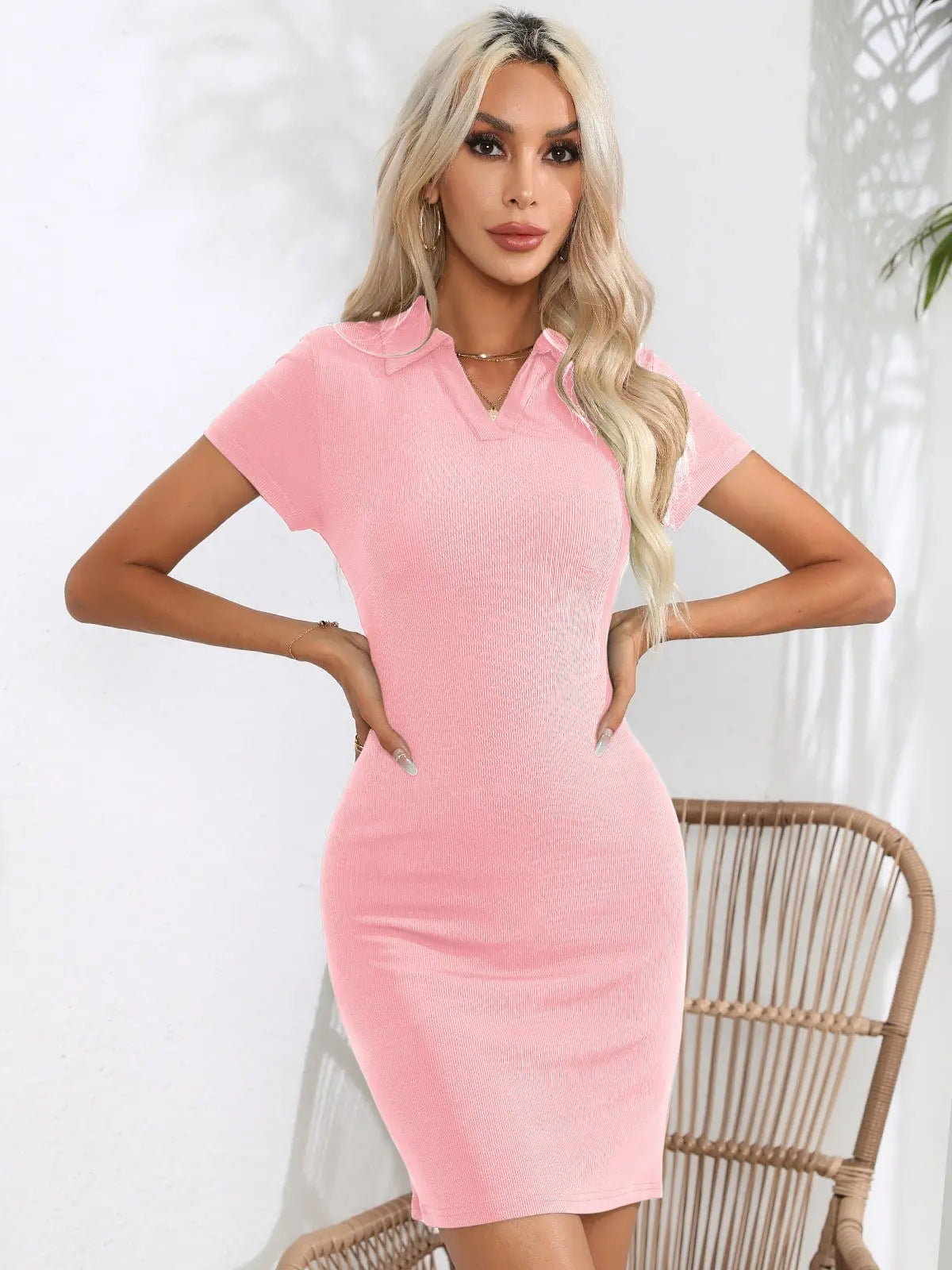 Johnny Collar Short Sleeve Bodycon Dress - Dress - Blush Pink - Bella Bourget