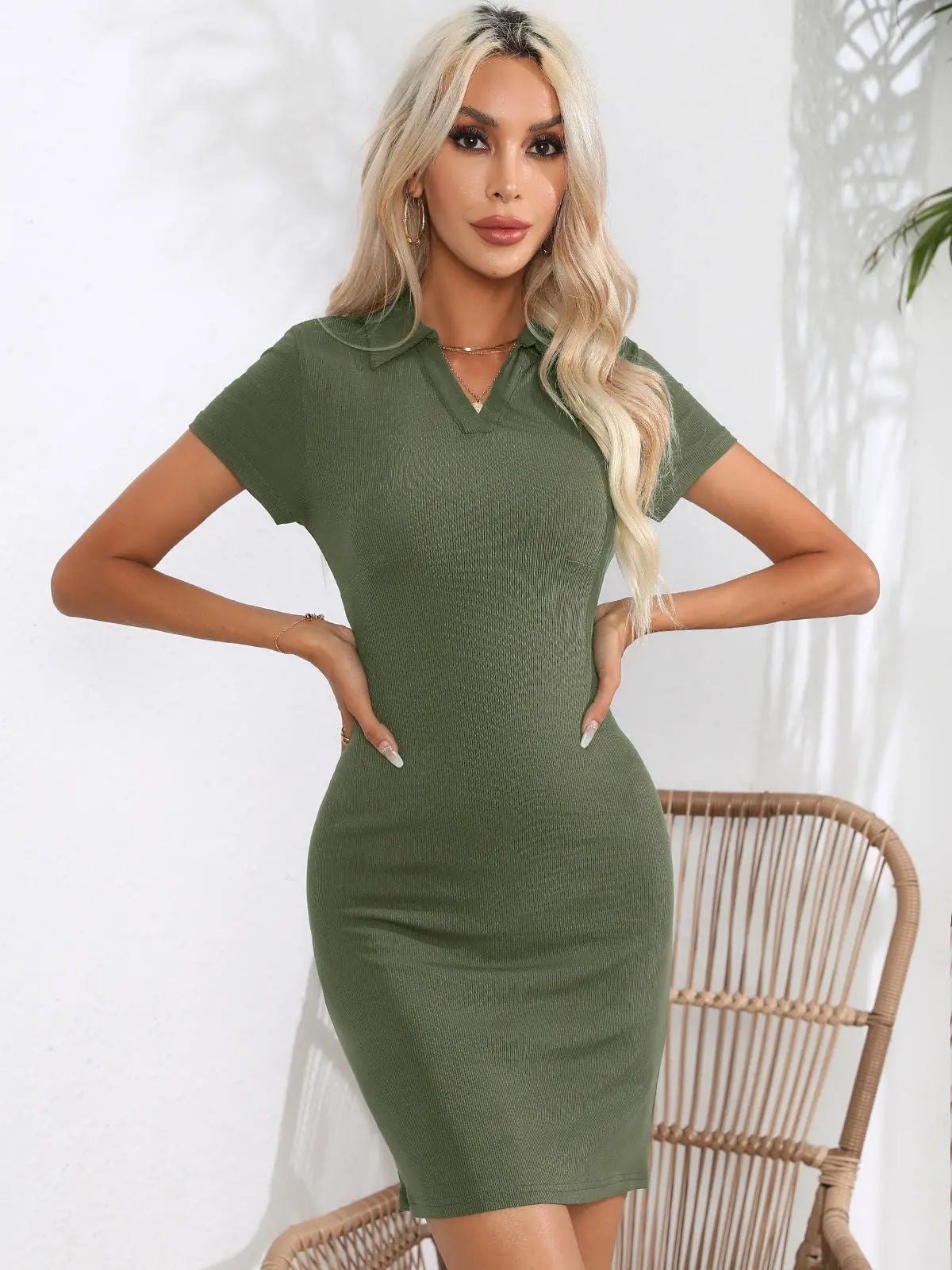 Johnny Collar Short Sleeve Bodycon Dress - Dress - Moss - Bella Bourget