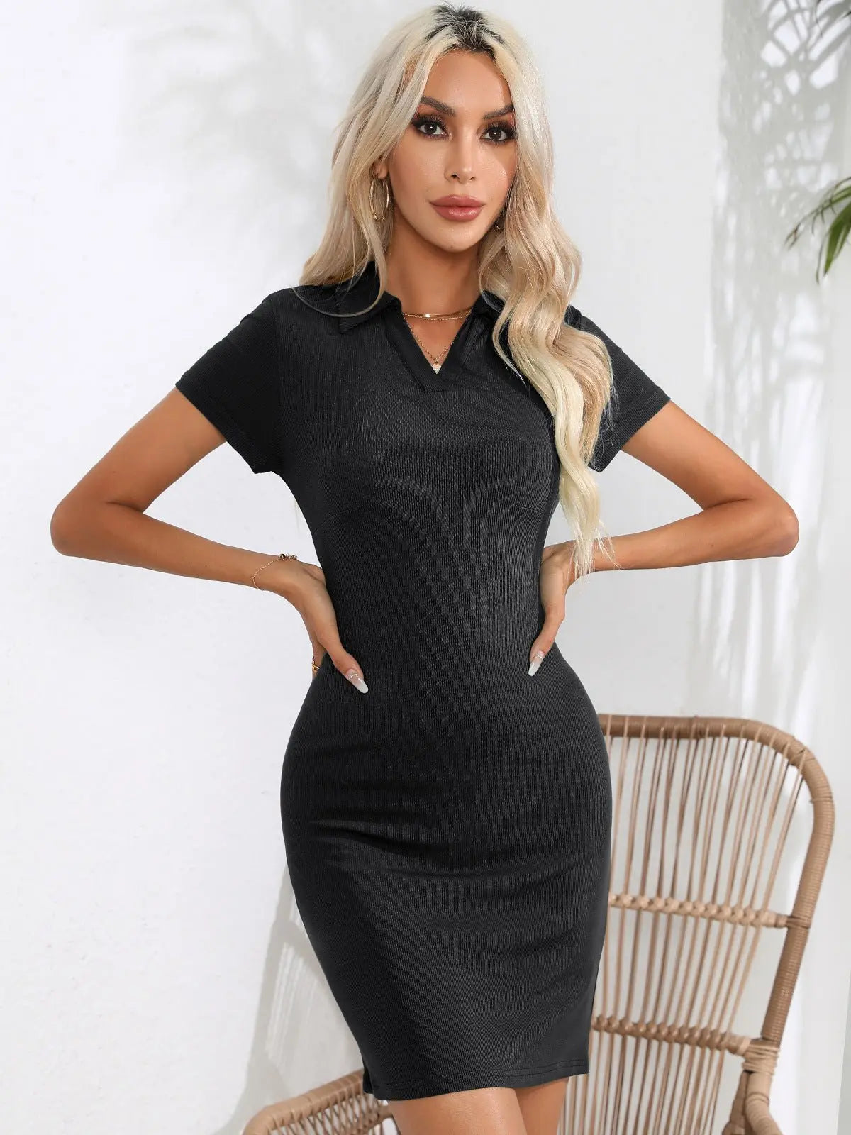 Johnny Collar Short Sleeve Bodycon Dress - Dress - Black - Bella Bourget