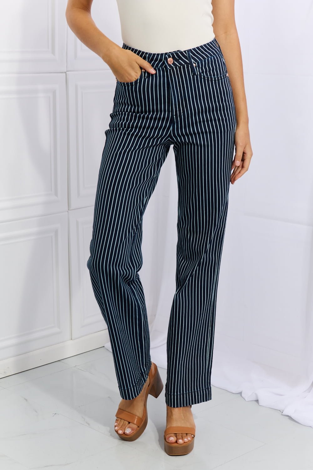 Judy Blue Cassidy Full Size High Waisted Tummy Control Striped Straight Jeans - Full Size Jeans - French Blue - Bella Bourget