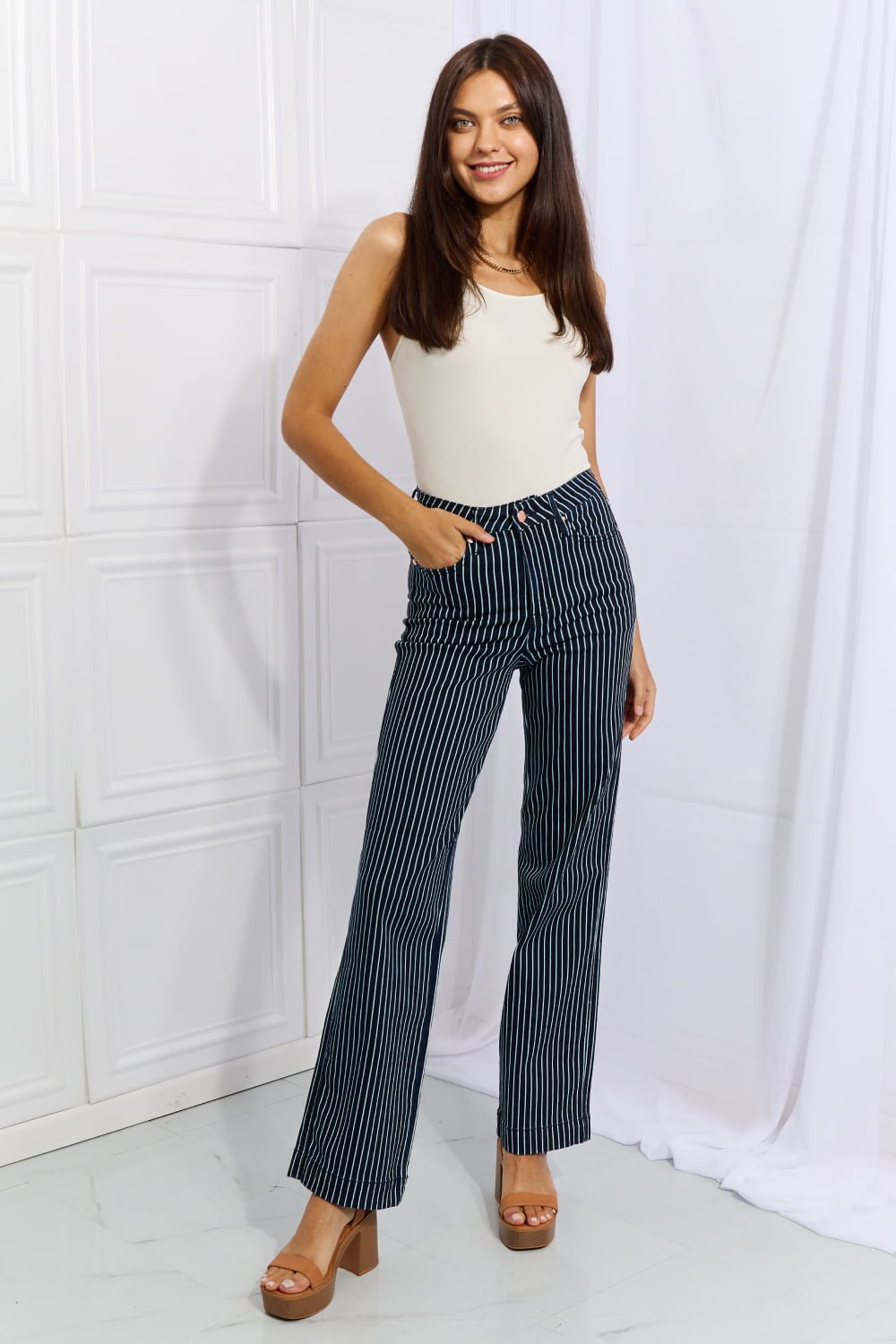 Judy Blue Cassidy Full Size High Waisted Tummy Control Striped Straight Jeans - Full Size Jeans - French Blue - Bella Bourget