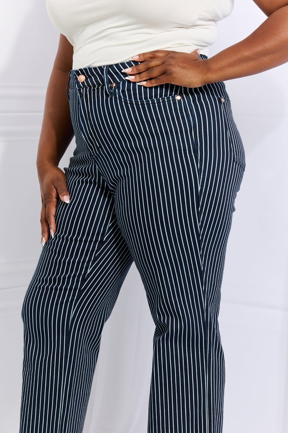 Judy Blue Cassidy Full Size High Waisted Tummy Control Striped Straight Jeans - Full Size Jeans - French Blue - Bella Bourget